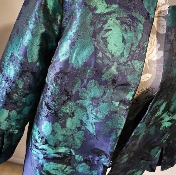 Dennis by Dennis Basso Shiny Green & Navy Floral Blazer 3/4 Sleeve 16 - Picture 6 of 12